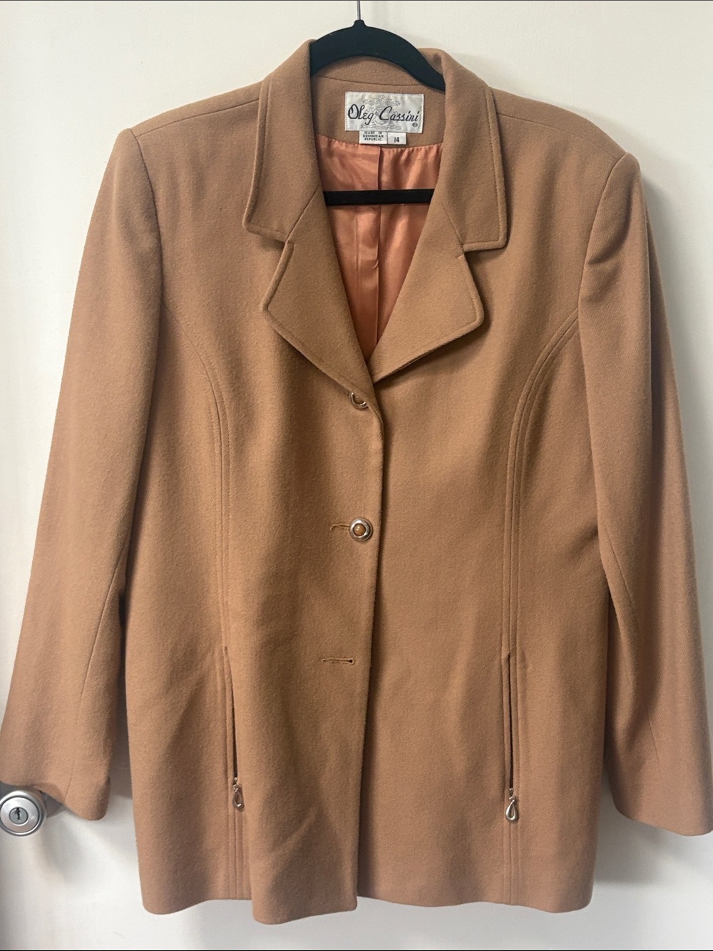 Oleg Cassini Tan Wool Blend Single-Breasted Pea Coat with zipper pockets